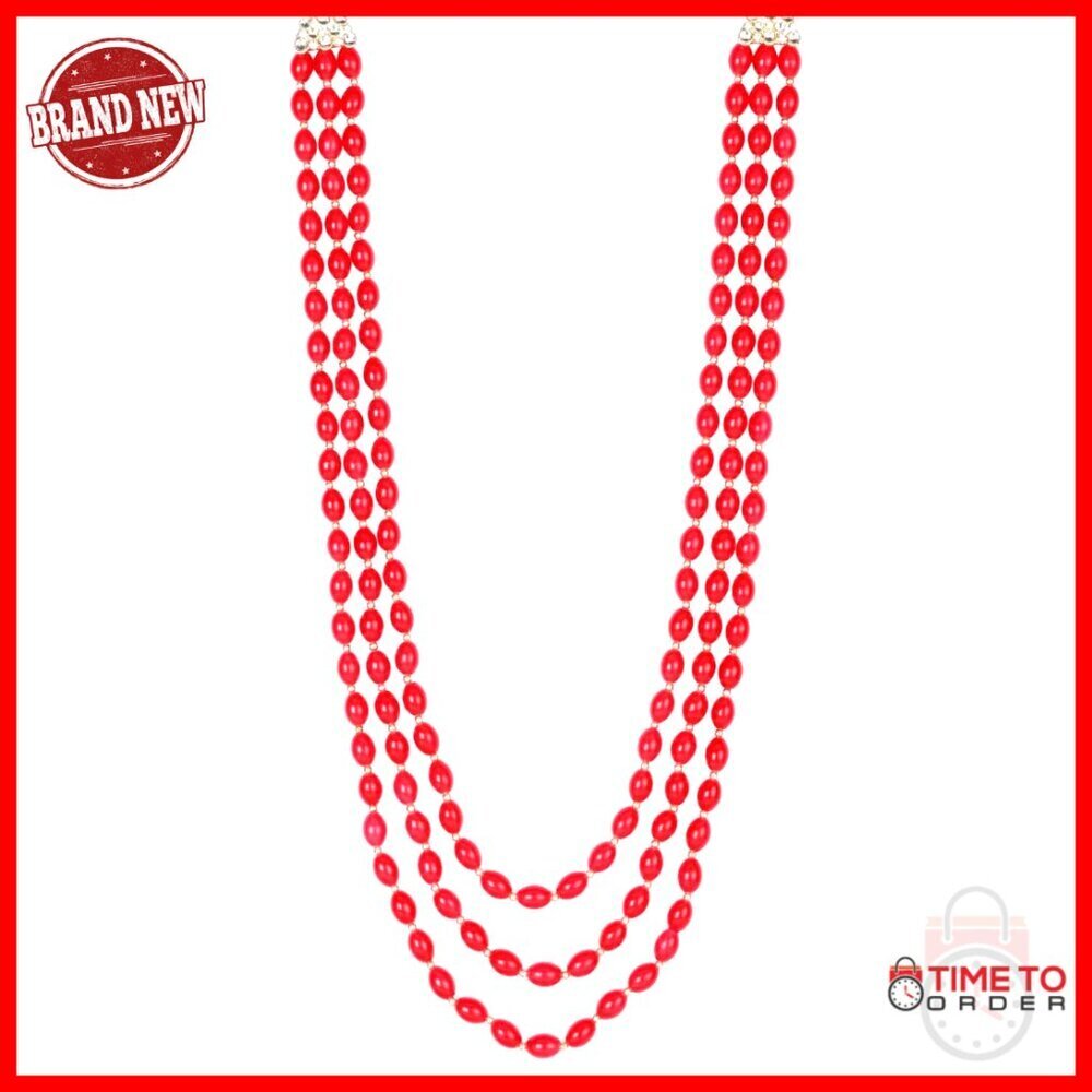 Gold Plated Men's Wedding Necklace 3 Layered Moti Mala 32cm Length